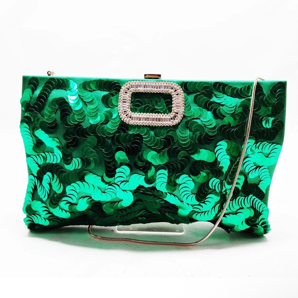 Roger Vivier Vintage Evening Shoulder Bag/Clutch Green Silk Satin with sequins